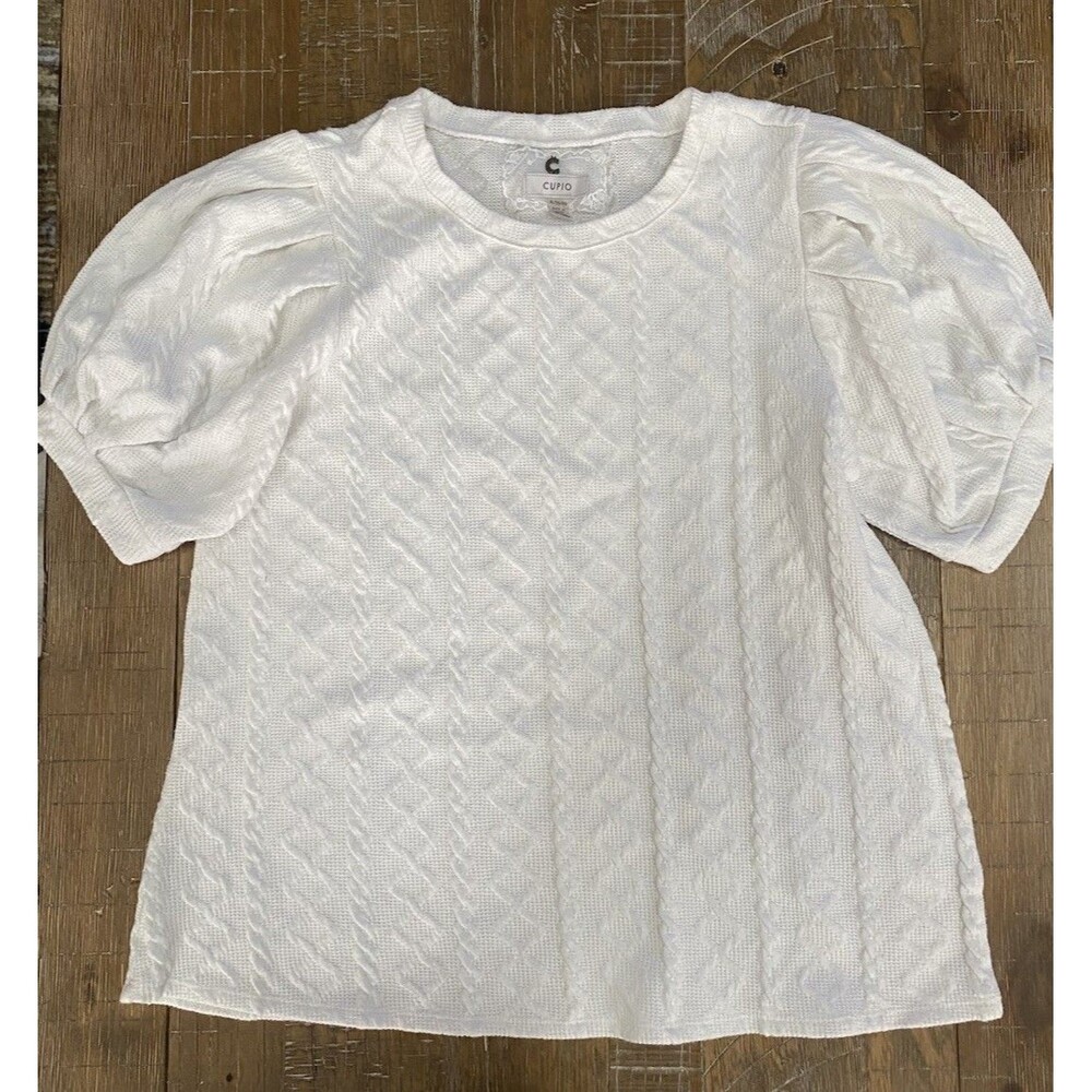 CUPIO White Textured Cable Knit Puff Sleeve Sweater Top XL Boho Romantic